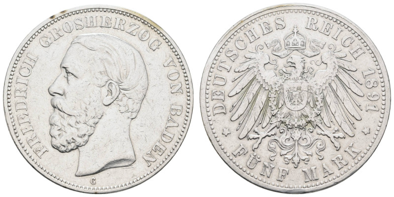 Silbermünzen des Kaiserreichs Baden
 5 Mark, 1891, Friedrich I., Variante ohne ...