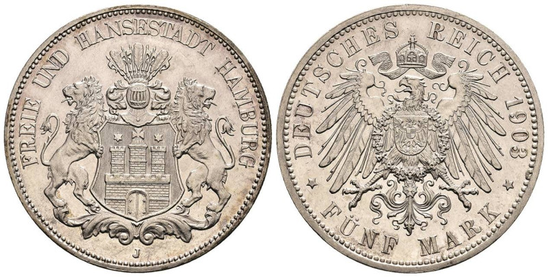 Silbermünzen des Kaiserreichs Hamburg
 5 Mark, 1903, Kratzer, kl. Rf., vz aus P...