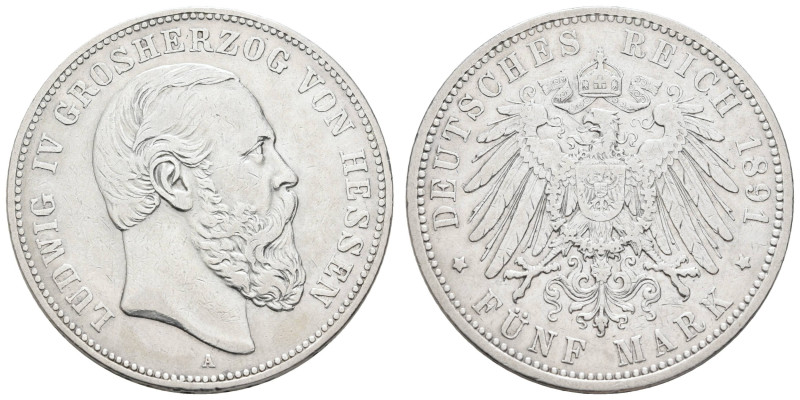 Silbermünzen des Kaiserreichs Hessen
 5 Mark, 1891, Ludwig IV., kl. Rf., s-ss. ...