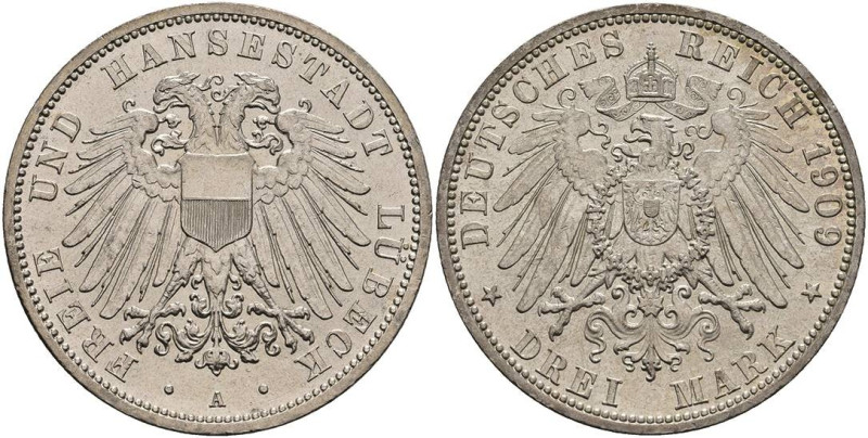 Silbermünzen des Kaiserreichs Lübeck
 3 Mark, 1909, kl. Rf., kl. Kr., vz-st. J....