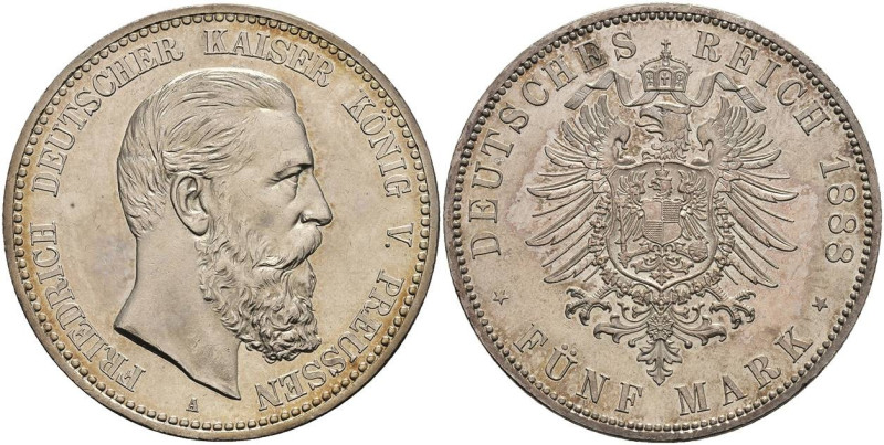 Silbermünzen des Kaiserreichs Preussen
 5 Mark, 1888, Friedrich III., kl. Kratz...