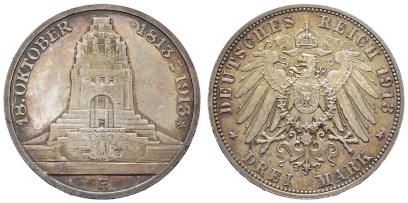 Silbermünzen des Kaiserreichs Sachsen
 3 Mark, 1913, Völkerschlachtdenkmal, win...