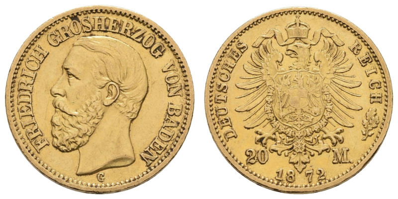 Goldmünzen des Kaiserreichs Baden
 20 Mark, 1872, Friedrich I., ss+. J. 184

...