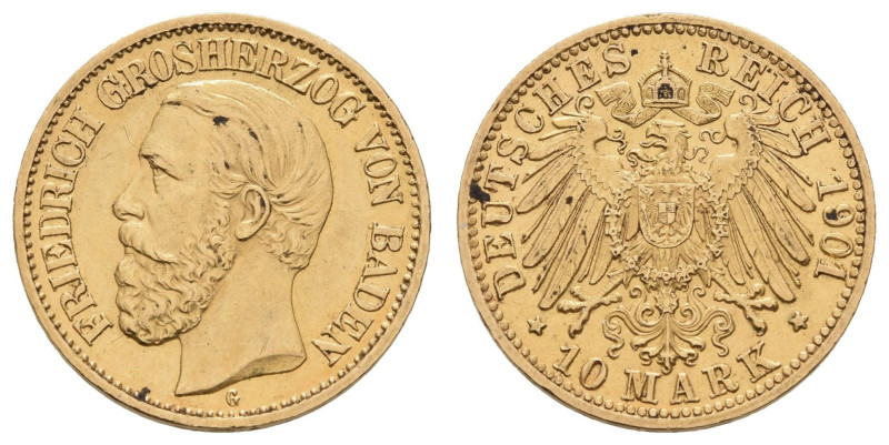 Goldmünzen des Kaiserreichs Baden
 10 Mark 1901, Friedrich I., etwas Belag, kl....