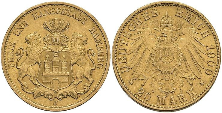 Goldmünzen des Kaiserreichs Hamburg
 20 Mark, 1900, Stadtwappen, vz. J. 212.
...