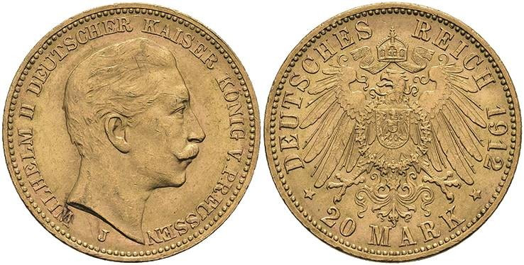 Goldmünzen des Kaiserreichs Preussen
 20 Mark, 1912, J, Wilhelm II., kl. Rf., k...