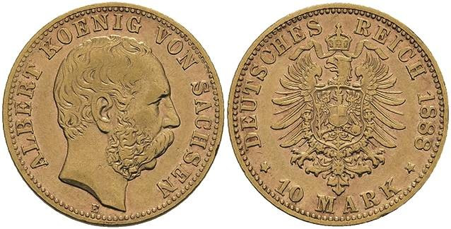 Goldmünzen des Kaiserreichs Sachsen
 10 Mark, 1888, Albert, kl. Rf., kl. Kr., s...