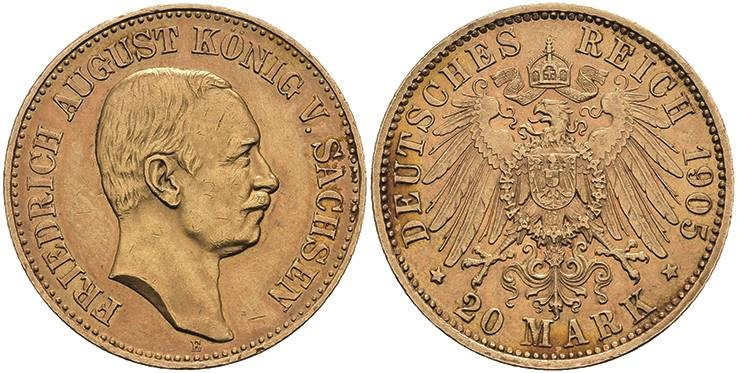 Goldmünzen des Kaiserreichs Sachsen
 20 Mark, 1905, Friedrich August III., wz. ...