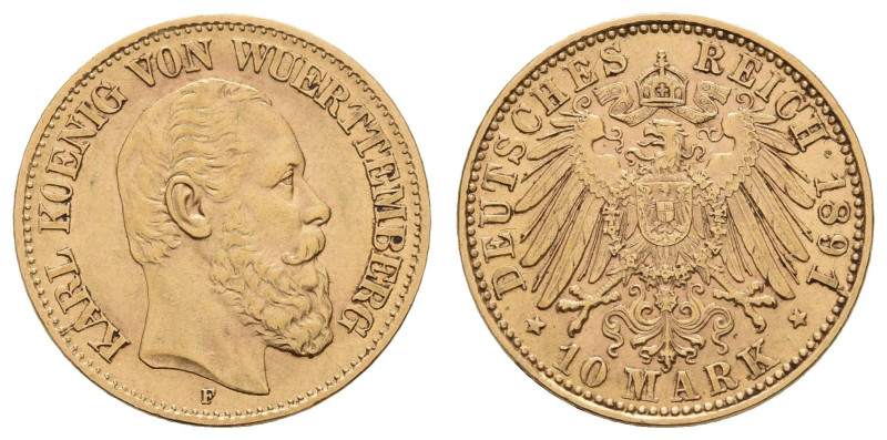 Goldmünzen des Kaiserreichs Württemberg
 10 Mark, 1891, Karl, ss. J. 294