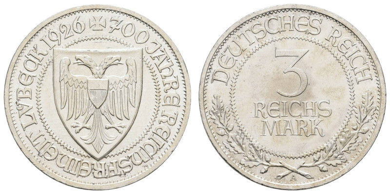 Münzen Weimar
 3 Reichsmark, 1926, Lübeck, kl. Rf., vz. J. 323

3 Reichmark, ...