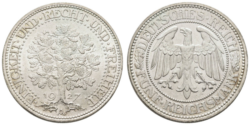 Münzen Weimar
 5 Reichsmark, 1927, Eichbaum, Prägebuchstabe A, wz. Kratzer und ...