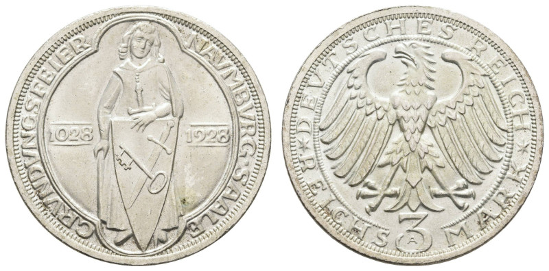 Münzen Weimar
 3 Reichsmark, 1928, Naumburg, vz-st. J. 333

3 Reichmark, 1928...