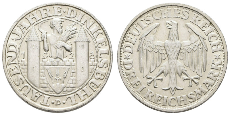 Münzen Weimar
 3 Reichsmark, 1928, Dinkelsbühl, wz. Rf., vz-st. J. 334

3 Rei...