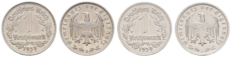 Münzen Drittes Reich
 2x 1 Reichsmark, 1939, Prägebuchstaben B und G, Cu/Ni, fe...