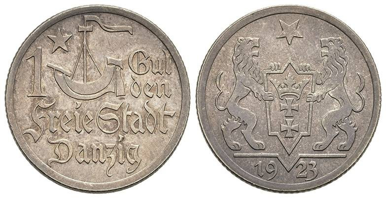 Münzen der deutschen Nebengebiete
 Danzig, 1 Gulden, 1923, wz. Kr., schöne Pati...