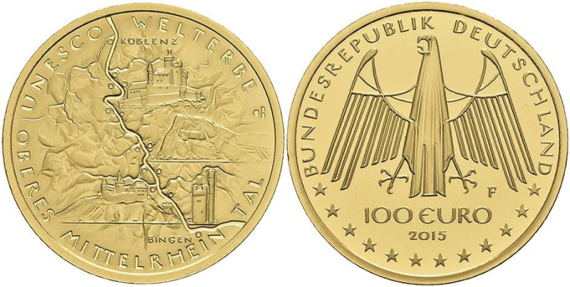 Münzen Bund ab 1946
 100 Euro, Gold, 2015, F, Oberes Mittelrheintal, in Ausgabe...