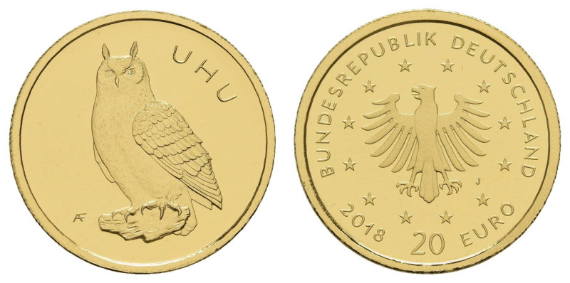 Münzen Bund ab 1946
 20 Euro, Gold, 2018, Heimische Vögel - Uhu, Prägebuchstabe...