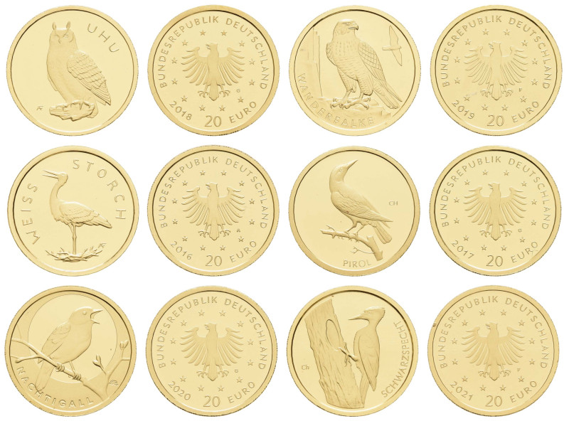 Münzen Bund ab 1946
 6x 20 Euro, Gold, 2016-2021 Sammlerset "Heimische Vögel" i...