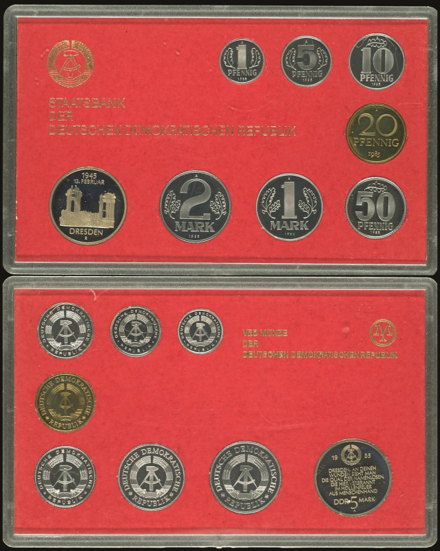 DDR Kursmünzensätze
 1 Pfennig bis 5 Mark, 1985, Dresdener Frauenkirche, in Har...