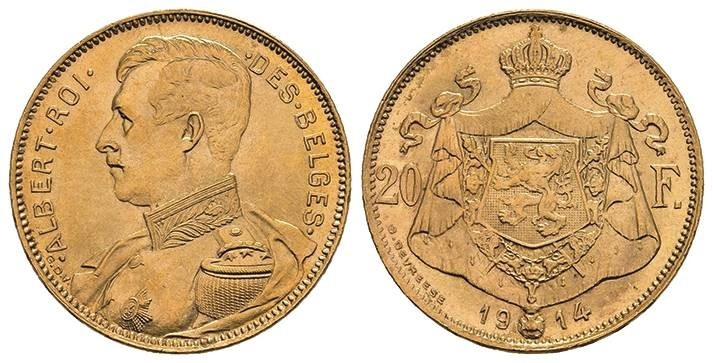 Europa und Übersee Belgien
 20 Francs, Gold, 1914, Albert, Fb. 421, vz-st

20...