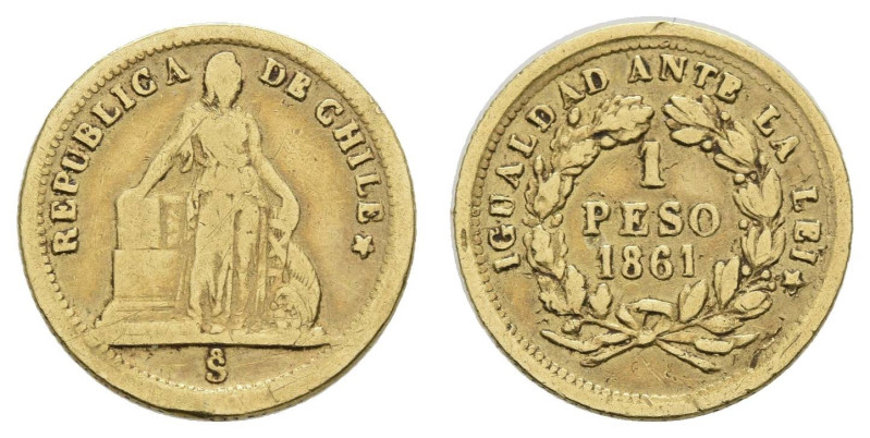 Europa und Übersee Chile
 1 Peso, 1861, Santiago de Chile (1.47g). Av.: Liberta...