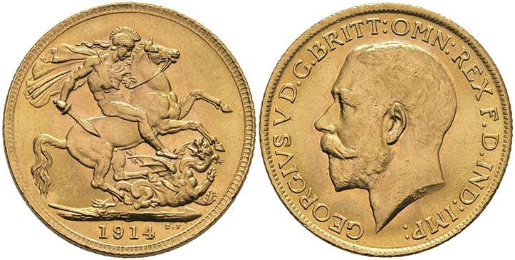 Europa und Übersee Grossbritannien
 Sovereign, 1914, George V., Fb. 404, wz. Rf...