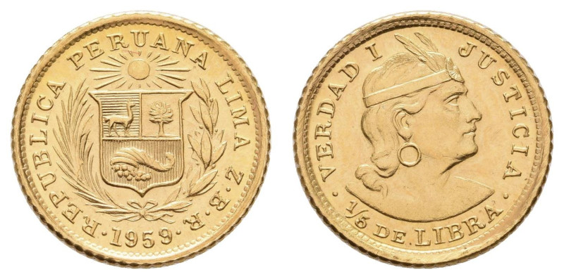 Europa und Übersee Peru
 1/5 Libra (1,59g), 1959, Lima Av.: Staatswappen zwisch...