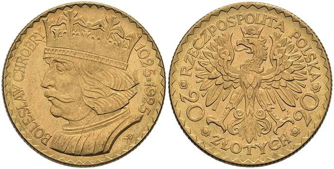 Europa und Übersee Polen
 20 Zloty, Gold, 1925, Boleslaw I., Fb. 115, vz.

20...