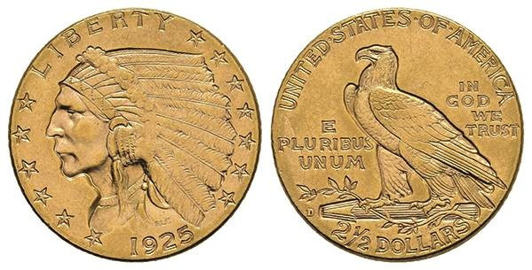 Europa und Übersee USA
 2 1/2 Dollars, Gold, 1925, Indian Head, Denver, Fb. 121...