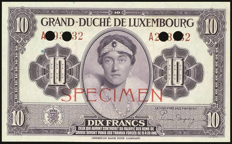 Banknoten Banknoten Europa
 Luxemburg, 10 Francs (1944), Specimen, entwertet, P...