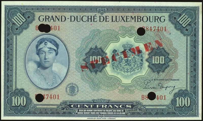 Banknoten Banknoten Europa
 Luxemburg, 100 Francs (1944), Specimen, entwertet P...