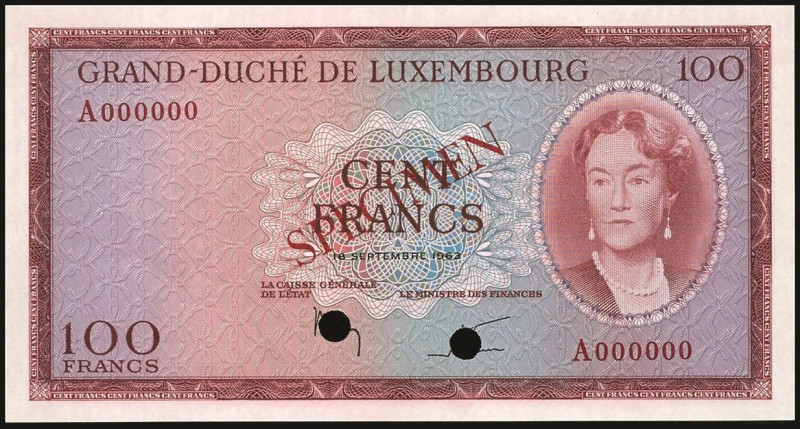 Banknoten Banknoten Europa
 Luxemburg, 100 Francs 18.9.1963, Specimen, entwerte...