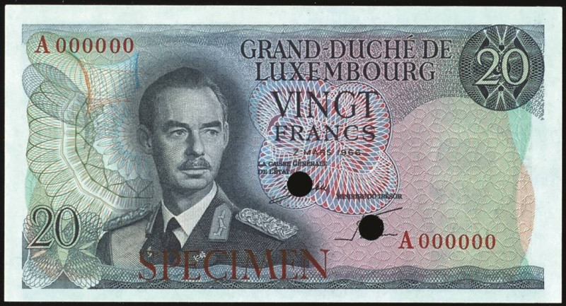 Banknoten Banknoten Europa
 LUXEMBURG, 20 Francs 7.3.1966 Specimen, Serie A0000...