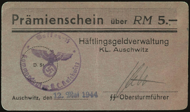 Banknoten Papiergeldähnliche dt. Wertpapiere und Gutscheine
 Auschwitz, 5 Reich...