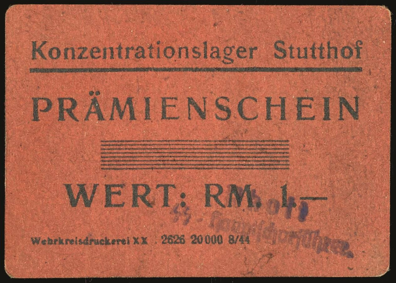 Banknoten Papiergeldähnliche dt. Wertpapiere und Gutscheine
 Stutthof, 1 Reichs...