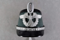 Kopfbedeckungen 3. Reich und 2. Weltkrieg
 Polizei, Tschako für Offiziere, schwarzer Tschako aus Vulkanfiber mit grünem Tuchbezug, schwarzer Deckel, ...