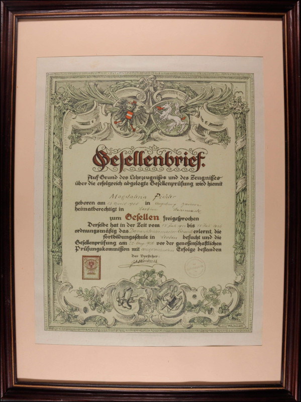 Varia
 Österreich, 1926, Gesellenbrief, Damenkleidermacher-Gewerbe, datiert 22....