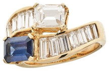 Ringe
 Hochwertiger Diamant-Saphir Ring, 750 Gelbgold, punziert, mit einem natürlichen Diamant von ca. 1ct in Smaragd-Schliff und einem natürlichen S...
