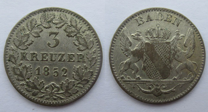 3 Kreuzer AR
Germany, Kingdom of Baden, 1852