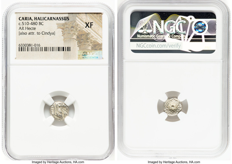 CARIA. Halicarnassus. Ca. 510-480 BC. AR hecte (10mm). NGC XF. Head of ketos rig...