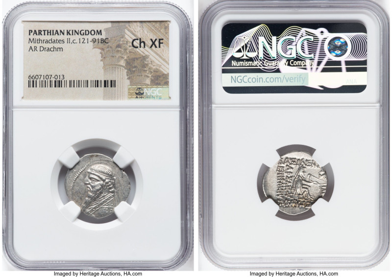 PARTHIAN KINGDOM. Mithradates II (ca. 121-91 BC). AR drachm (21mm, 12h). NGC Cho...