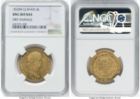 Ferdinand VII gold 4 Escudos 1820 M-GJ UNC Details (Obverse Damage) NGC, Madrid mint, KM484, Cal-1716. Lustrous and well struck, minor damage below bu...