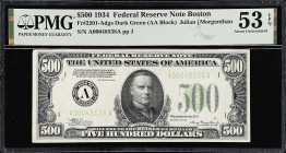 Fr. 2201-Adgs. 1934 Dark Green Seal $500 Federal Reserve Note. Boston. PMG About Uncirculated 53 EPQ.
Dark green seal.

Estimate: $3000.00- $3600.0...