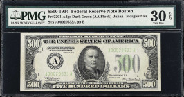 Fr. 2201-Adgs. 1934 Dark Green Seal $500 Federal Reserve Note. Boston. PMG Very Fine 30 EPQ.
Offered with PMG's coveted EPQ qualifier.

Estimate: $...