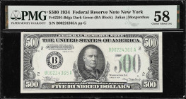 Fr. 2201-Bdgs. 1934 Dark Green Seal $500 Federal Reserve Note. New York. PMG Choice About Uncirculated 58.
Dark green seal variety, which pops on the...