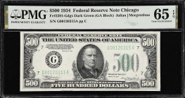 Fr. 2201-Gdgs. 1934 Dark Green Seal $500 Federal Reserve Note. Chicago. PMG Gem Uncirculated 65 EPQ.
A flashy Gem offering of this key type, which bo...