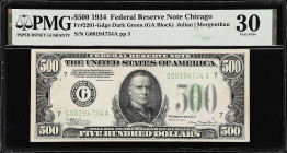 Fr. 2201-Gdgs. 1934 Dark Green Seal $500 Federal Reserve Note. Chicago. PMG Very Fine 30.
A DGS $500 from the windy city district.

Estimate: $1800...