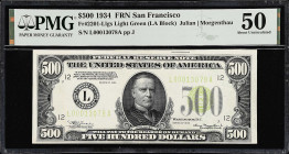Fr. 2201-Llgs. 1934 Light Green Seal $500 Federal Reserve Note. San Francisco. PMG About Uncirculated 50.
A bright note from the popular San Francisc...