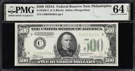 Fr. 2202-C. 1934A $500 Federal Reserve Note. Philadelphia. PMG Choice Uncirculated 64 EPQ.
Nearly-Gem, and highly sought after in this grade level.
...