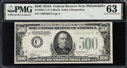Fr. 2202-C. 1934A $500 Federal Reserve Note. Philadelphia. PMG Choice Uncirculated 63.
Choice Uncirculated.

Estimate: $4500.00- $5500.00